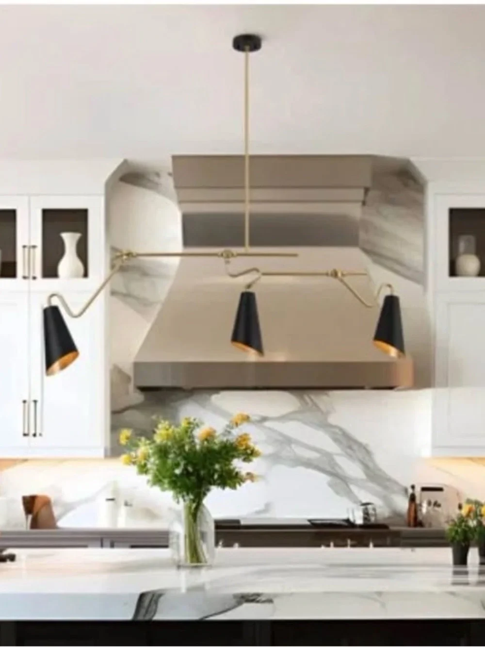 Brass Multi-Arm Pendant Light with Black Shades - Stylish Kitchen Lighting